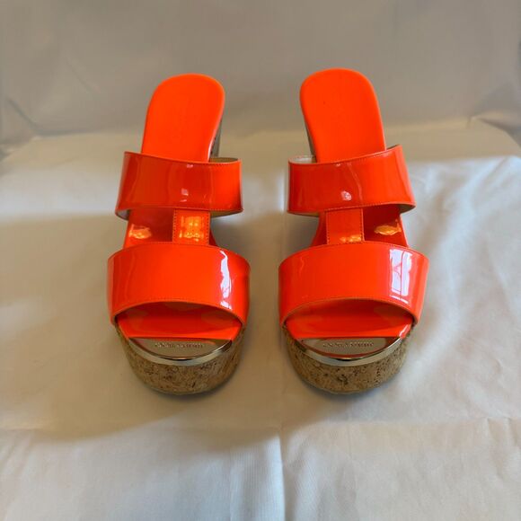 Jimmy Choo Wedged Cork Heel in Orange Patent Leather Size 8.5 - Picture 2 of 7